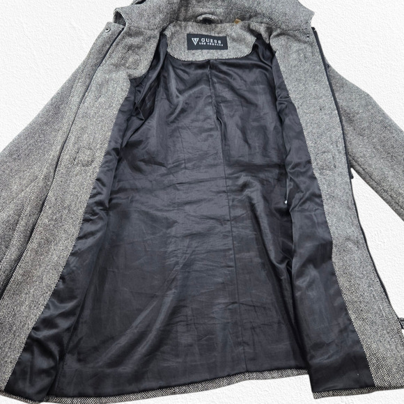 Guess Gray Wool Blend Toggle Tweed Coat Hooded Short Peacoat Size Medium - Picture 9 of 12